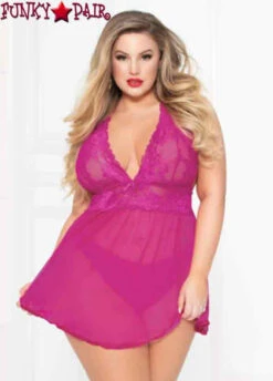 Plus Size 2pc Lace And Mesh Babydoll Set STM-10672X -Plus Size Fits Sales Store 10672X fuchsia 19964.1544555425