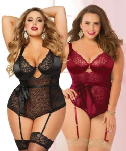 Plus Size Geo Lace Teddy With Satin Sash STM-10692X