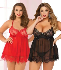 Plus Size Lace And Mesh Babydoll Set STM-10697X