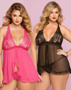 Plus Size Galloon Lace And Mesh Babydoll Set STM-10747X