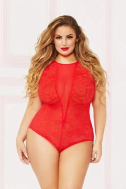 Plus Size Fits Sales Store 24 STM-10863X, Lace Teddy With Keyhole Back