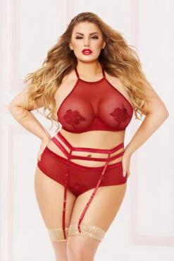 Plus Size High Neck Top With Garter Belt And Panty STM-10881X