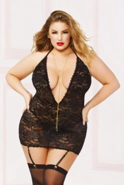 Plus Size Floral Lace Chemise With Gold Chain STM-10893X