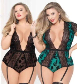 STM-10940X, Plus Size Flocked Mesh And Lace Teddy | Seven 'til Midnight