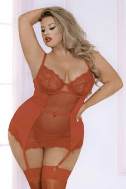 STM-11045X, Plus Size Eyelash Lace And Satin Netting Chemise Set