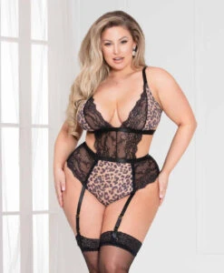 Plus Size Lace And Leopard Print Teddy, STM-11067X