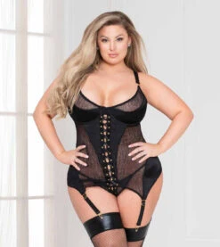 Plus Size Lace And Microfiber Bustier Set, STM-11109X