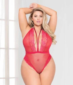 STM-11115X, Plus Size Lace And Mesh Halter Tie Teddy