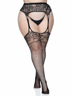 LA-1605X, Plus Size Rhinestone Fishnet Stockings With Attached Garter By Leg Avenue