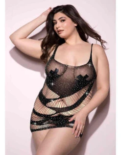 MUSIC LEGS ML-60130Q, Plus Size Mesh Rhinestones Chemise Dress