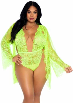 LA86112X, Plus Size Floral Lace Teddy And Matching Robe By Leg Avenue