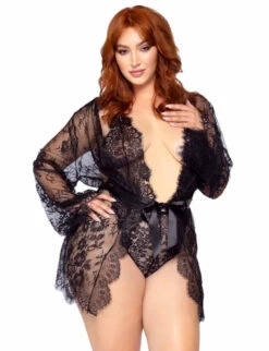 LA86112X, Plus Size Floral Lace Teddy And Matching Robe By Leg Avenue -Plus Size Fits Sales Store 86112X Black 26358.1669054374