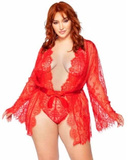LA86112X, Plus Size Floral Lace Teddy And Matching Robe By Leg Avenue -Plus Size Fits Sales Store 86112X Red 80979.1669054384