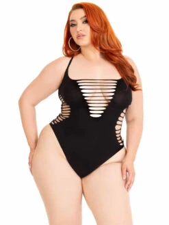 LA89294X, Plus Size Shredded Thong Bodysuit