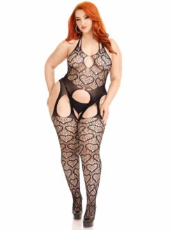 LA89306X, Plus Size Heart Net Suspender Bodystocking -Plus Size Fits Sales Store 89306X 01 001 08992.1700401451