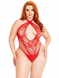 LA89313X, Plus Size Lace And Net Crossover Teddy