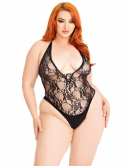 LA89332X, Plus Size Floral Lace-Up Teddy