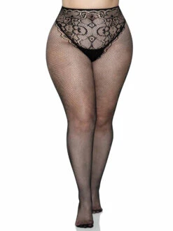 LA-9282X, Plus Size French Fishnets With Faux Lace Up By Leg Avenue