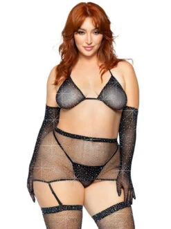 LA81617X, Rhinestones Fishnet Garter Skirt Set -Plus Size Fits Sales Store LA81617X Blk 37948.1709342486