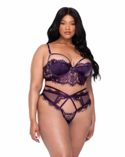 Roma R-LI652Q, Plus Size Eyelash Lace And Faux Patent Leather Trim Long Line Bra Set