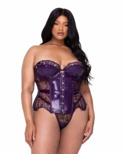 Roma R-LI656Q, Plus Size Eyelash Lace And Faux Patent Leather Trim Bustier Set -Plus Size Fits Sales Store LI656Q 11727.1702579255
